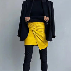 Pleated Bow Leather Solid Irregular A Line Zippers Streetwear Mini Skirts Mssza