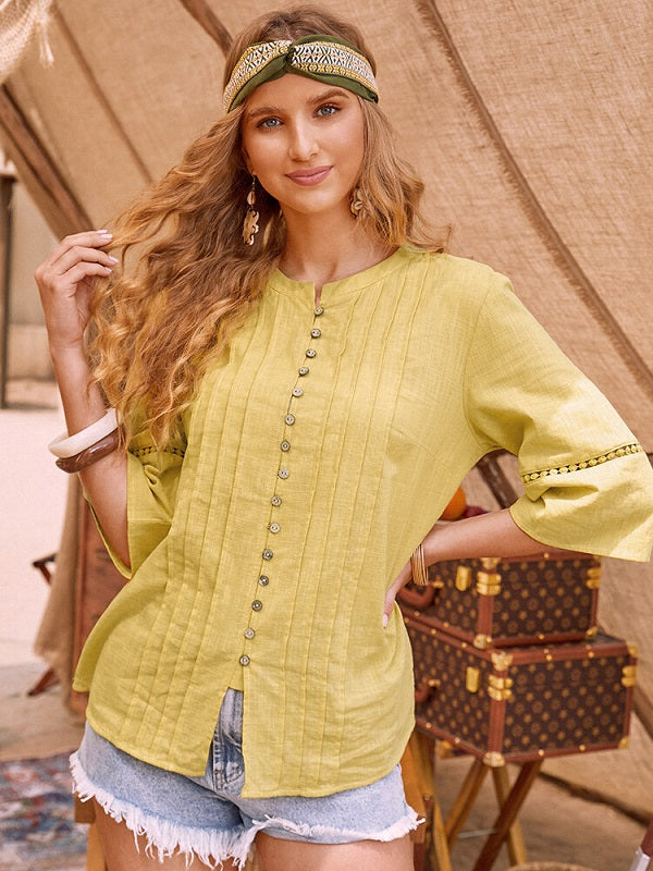 Pleated Button O-neck Casual Blouse Mssza
