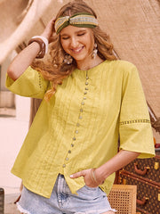 Pleated Button O-neck Casual Blouse Mssza