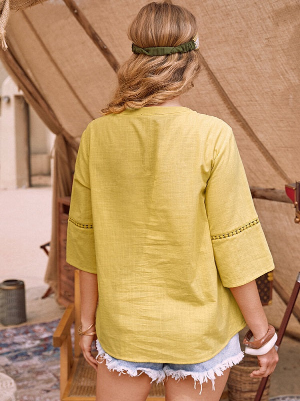Pleated Button O-neck Casual Blouse Mssza
