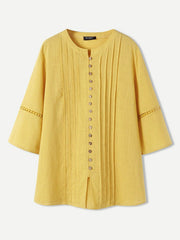 Pleated Button O-neck Casual Blouse Mssza