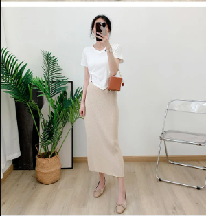 Pleated Casual Elastic Waist Solid Split Versatile Elegant Skirt Mssza