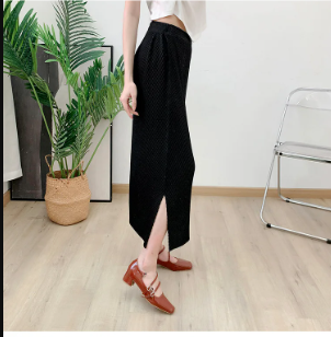 Pleated Casual Elastic Waist Solid Split Versatile Elegant Skirt Mssza