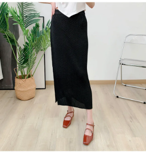 Pleated Casual Elastic Waist Solid Split Versatile Elegant Skirt Mssza