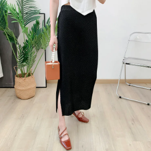 Pleated Casual Elastic Waist Solid Split Versatile Elegant Skirt Mssza