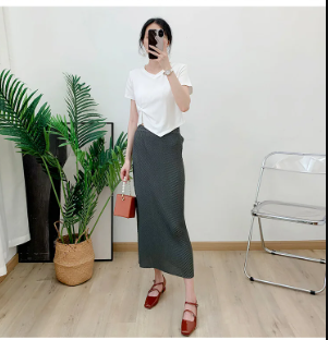 Pleated Casual Elastic Waist Solid Split Versatile Elegant Skirt Mssza