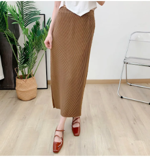 Pleated Casual Elastic Waist Solid Split Versatile Elegant Skirt Mssza