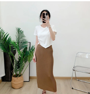 Pleated Casual Elastic Waist Solid Split Versatile Elegant Skirt Mssza