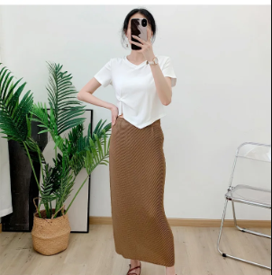 Pleated Casual Elastic Waist Solid Split Versatile Elegant Skirt Mssza