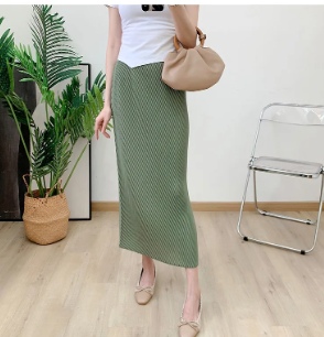Pleated Casual Elastic Waist Solid Split Versatile Elegant Skirt Mssza