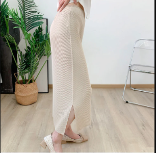 Pleated Casual Elastic Waist Solid Split Versatile Elegant Skirt Mssza