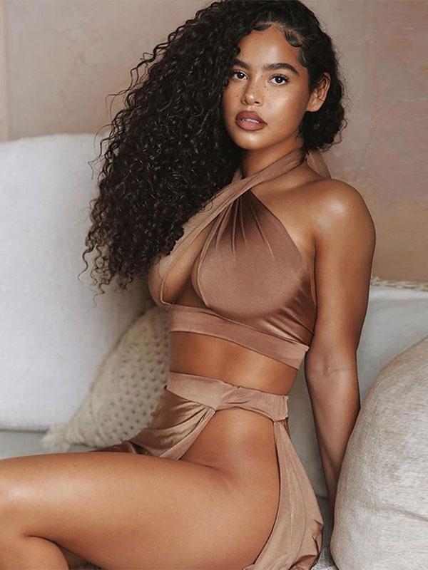 Pleated Halter Open Shoulder Club wear For Two Piece Set Mssza