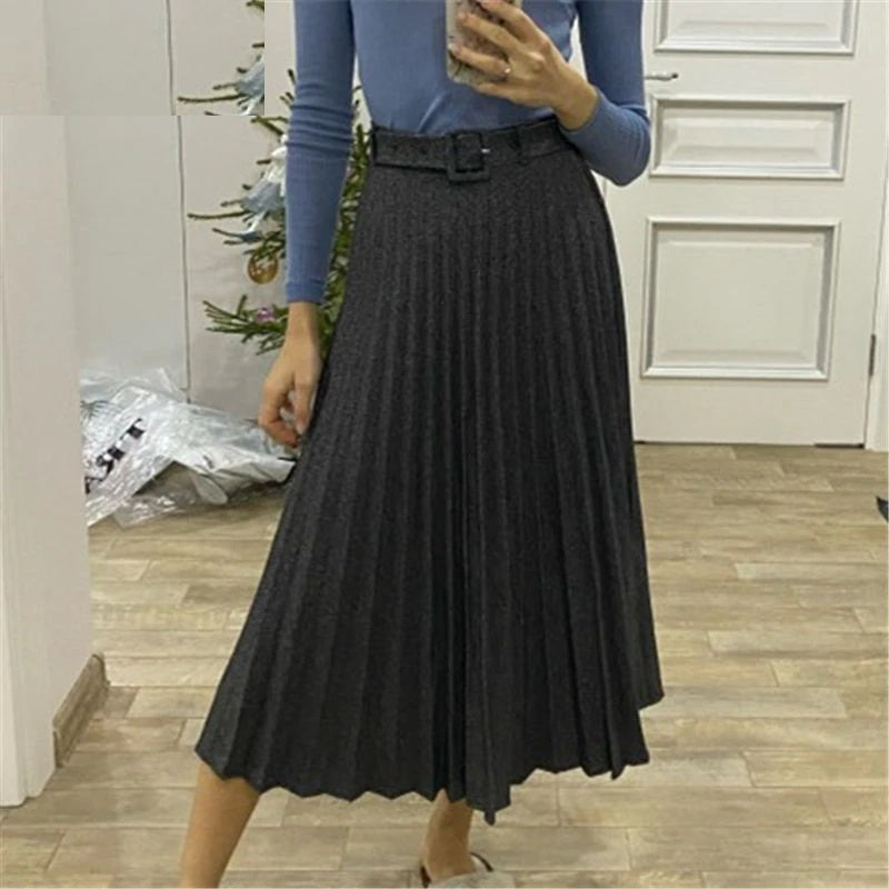 Pleated High Waist Belt Solid Zipper Loose Mid-length Skirts Mssza