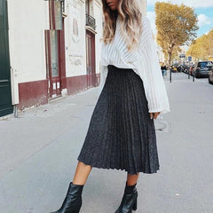 Pleated High Waist Belt Solid Zipper Loose Mid-length Skirts Mssza