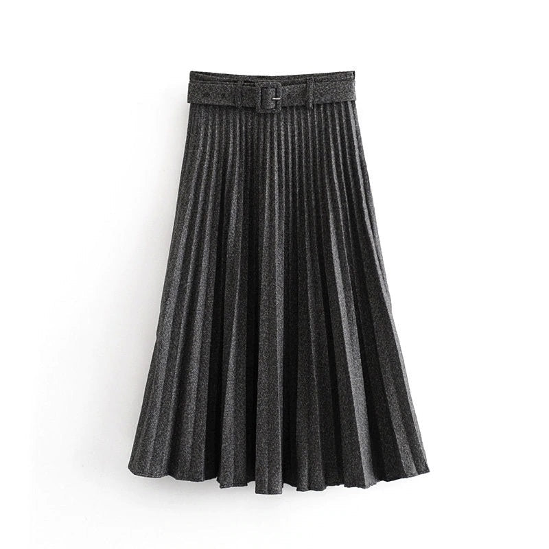 Pleated High Waist Belt Solid Zipper Loose Mid-length Skirts Mssza
