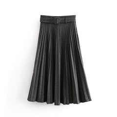Pleated High Waist Belt Solid Zipper Loose Mid-length Skirts Mssza