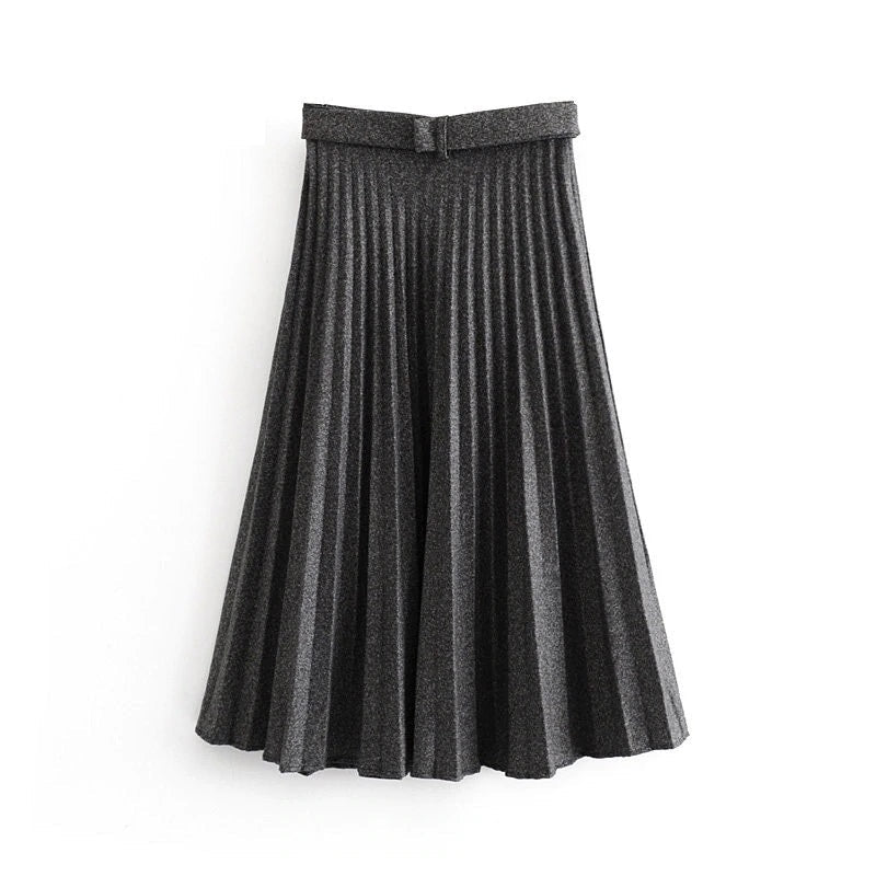 Pleated High Waist Belt Solid Zipper Loose Mid-length Skirts Mssza