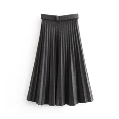 Pleated High Waist Belt Solid Zipper Loose Mid-length Skirts Mssza