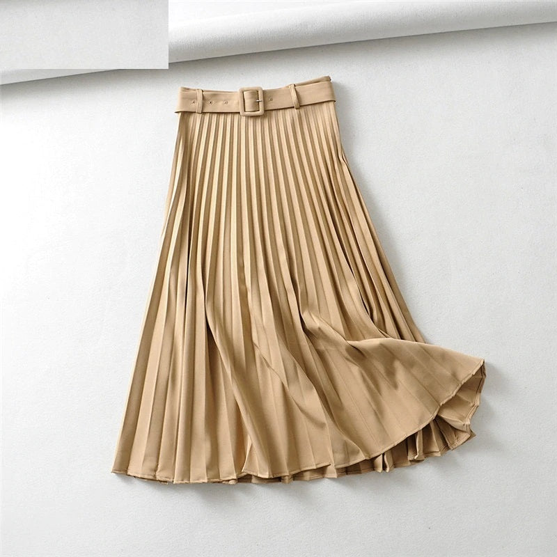 Pleated High Waist Belt Solid Zipper Loose Mid-length Skirts Mssza