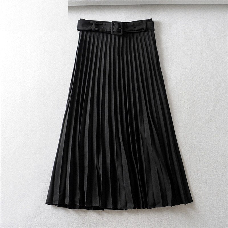 Pleated High Waist Belt Solid Zipper Loose Mid-length Skirts Mssza