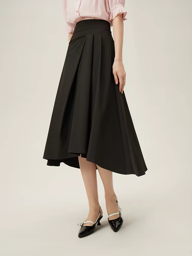 Pleated Natural Waistline Irregular A-line Medium Stretch Midi Length Skirt Mssza