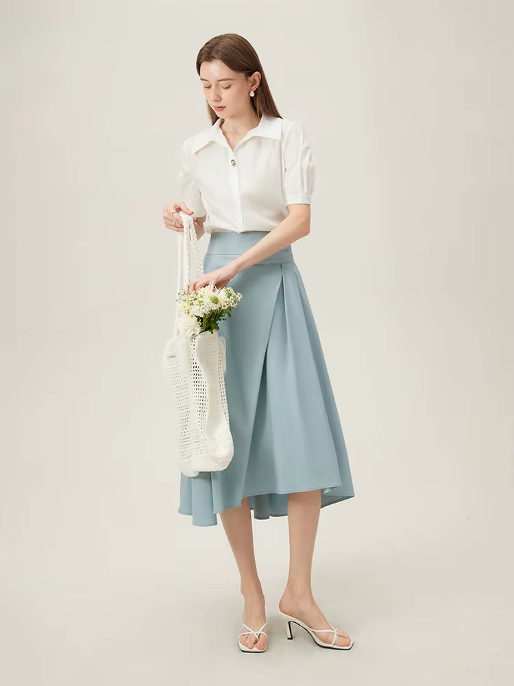 Pleated Natural Waistline Irregular A-line Medium Stretch Midi Length Skirt Mssza