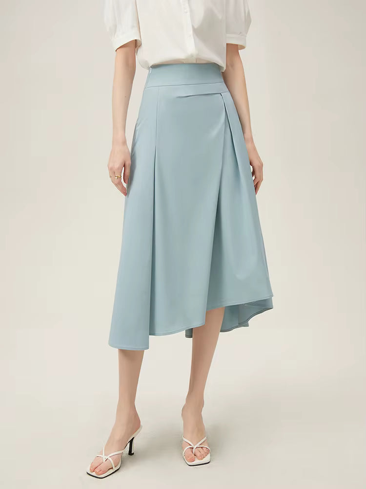 Pleated Natural Waistline Irregular A-line Medium Stretch Midi Length Skirt Mssza