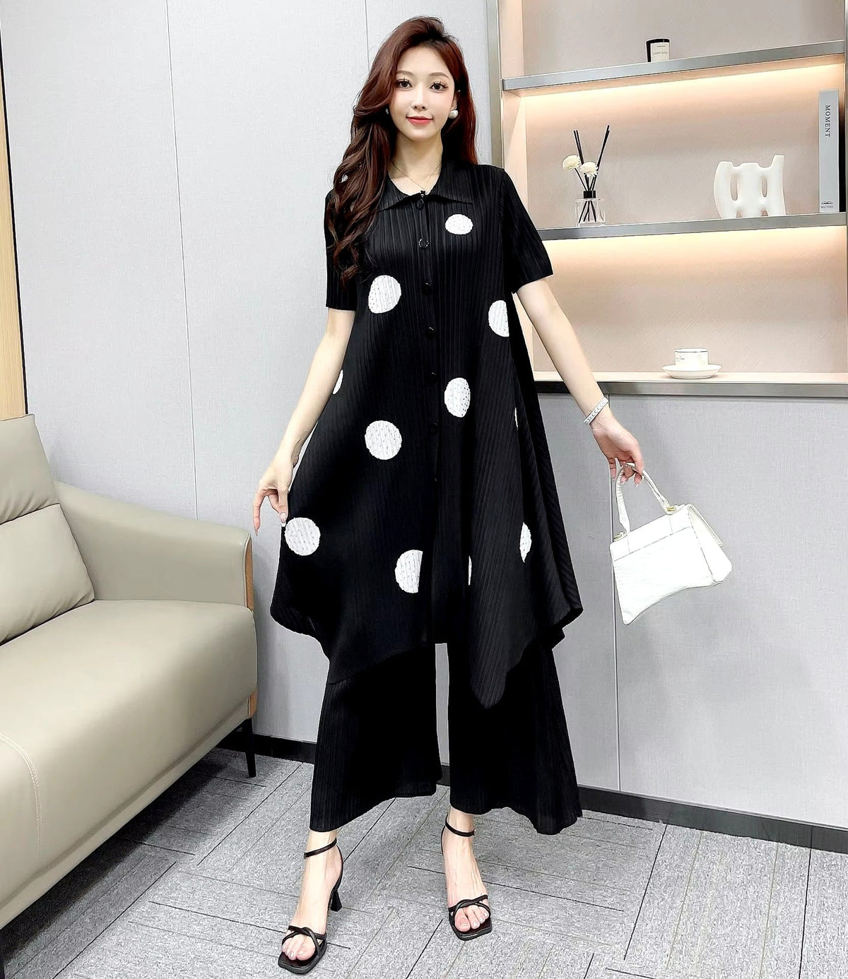 Pleated Polka-Dot Short-Sleeved Top And High-Loose Wide-Leg Pants 2 Piece Set Mssza