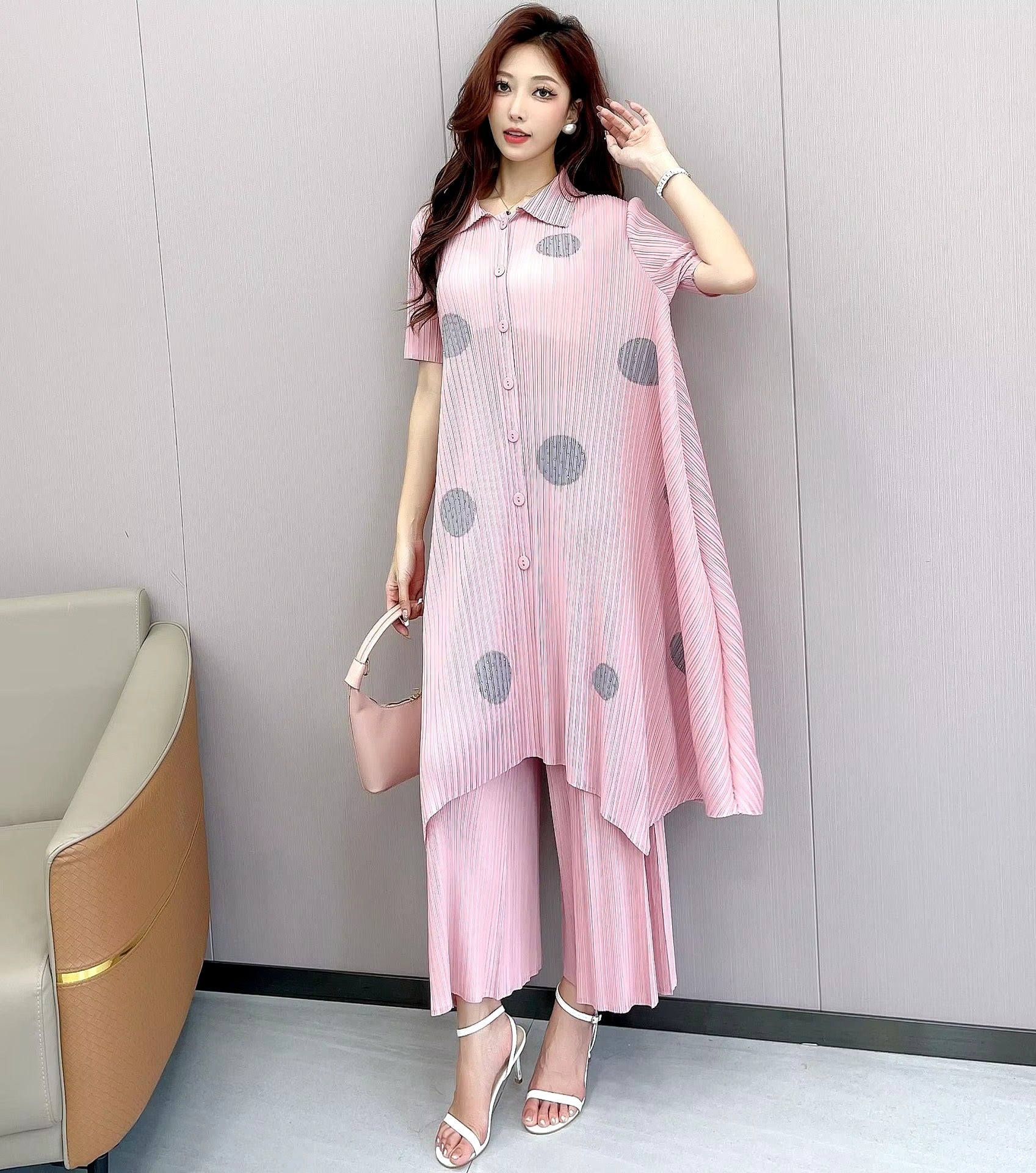 Pleated Polka-Dot Short-Sleeved Top And High-Loose Wide-Leg Pants 2 Piece Set Mssza