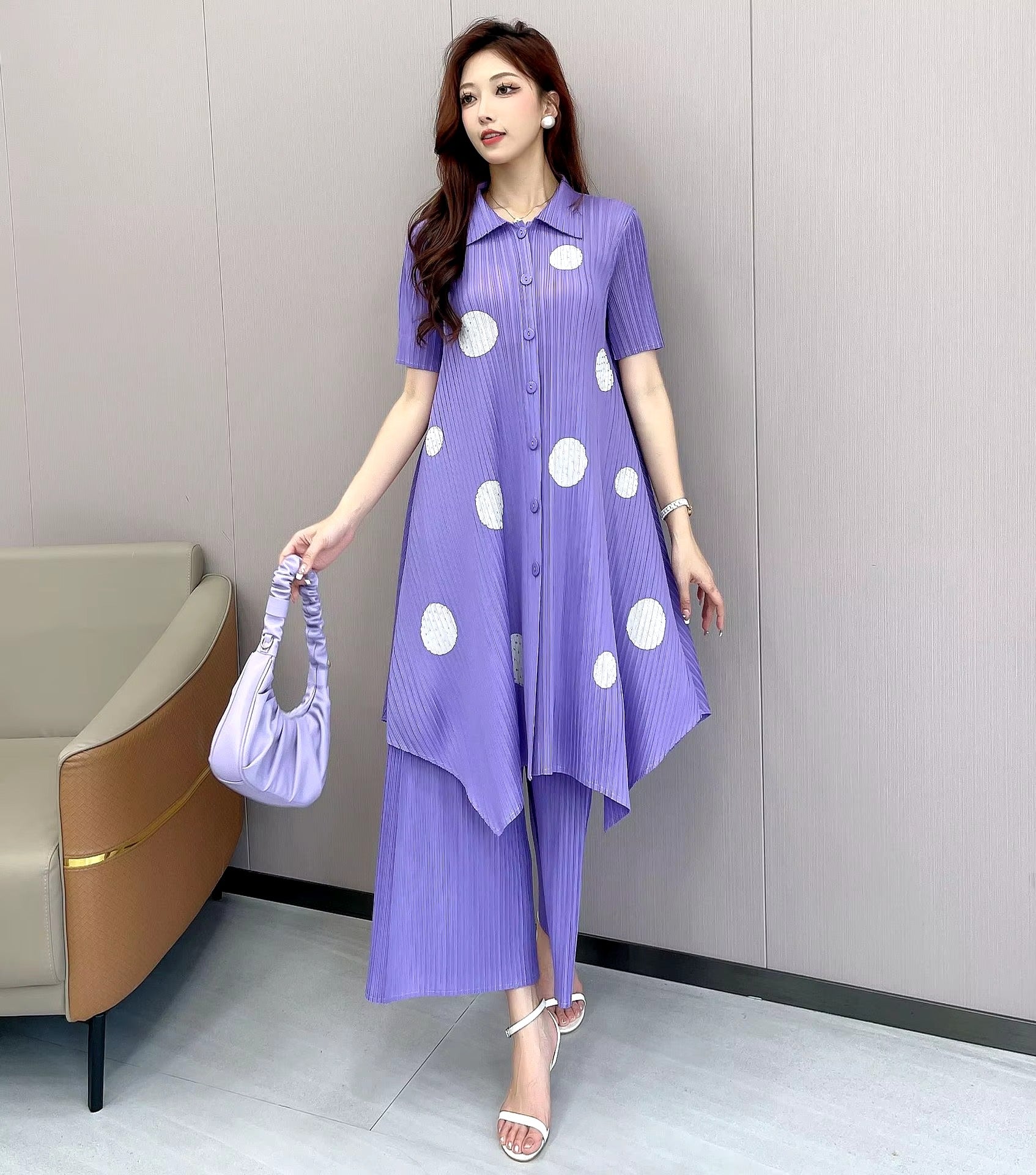 Pleated Polka-Dot Short-Sleeved Top And High-Loose Wide-Leg Pants 2 Piece Set Mssza