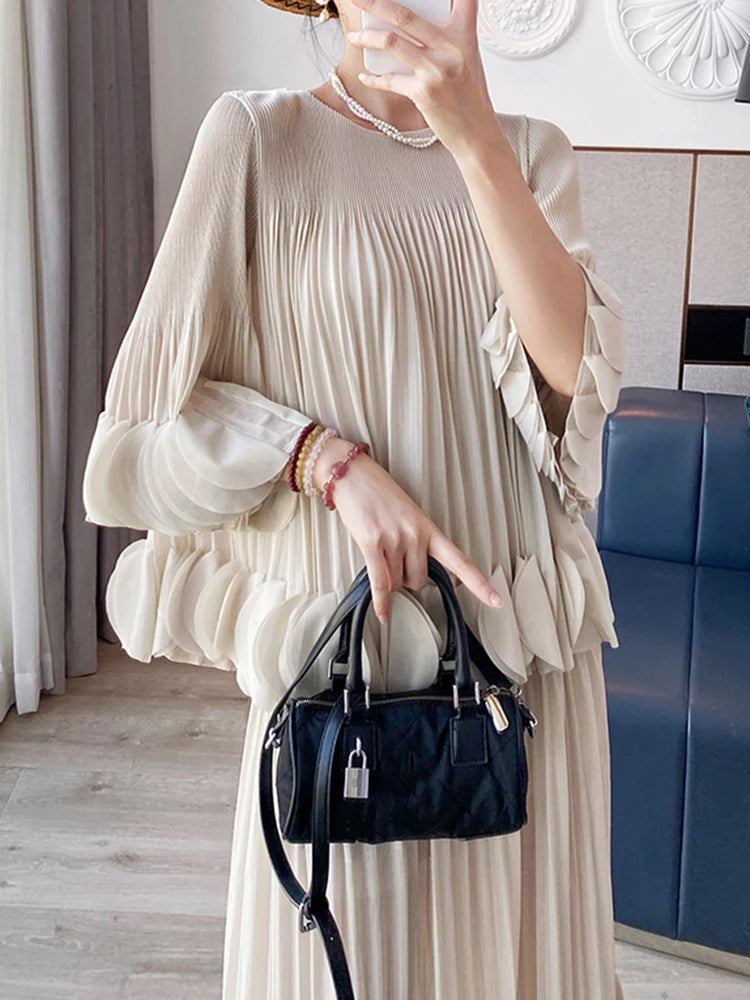 Pleated Two Piece Sets Round Collar Flare Sleeve Elegant Top And A Line Skirt Mssza