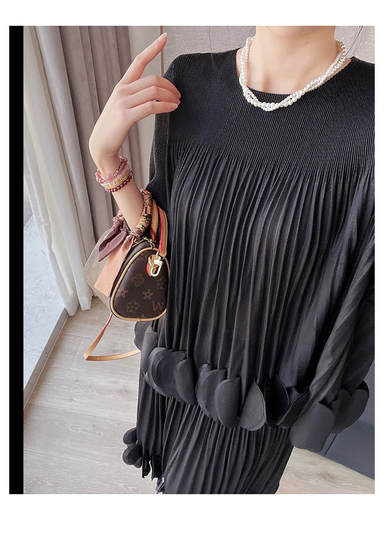 Pleated Two Piece Sets Round Collar Flare Sleeve Elegant Top And A Line Skirt Mssza