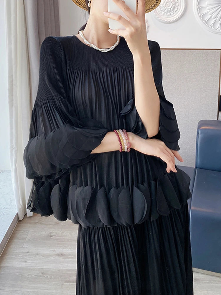 Pleated Two Piece Sets Round Collar Flare Sleeve Elegant Top And A Line Skirt Mssza