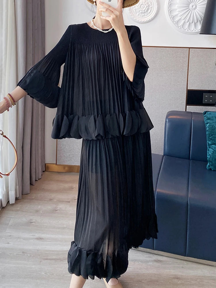 Pleated Two Piece Sets Round Collar Flare Sleeve Elegant Top And A Line Skirt Mssza