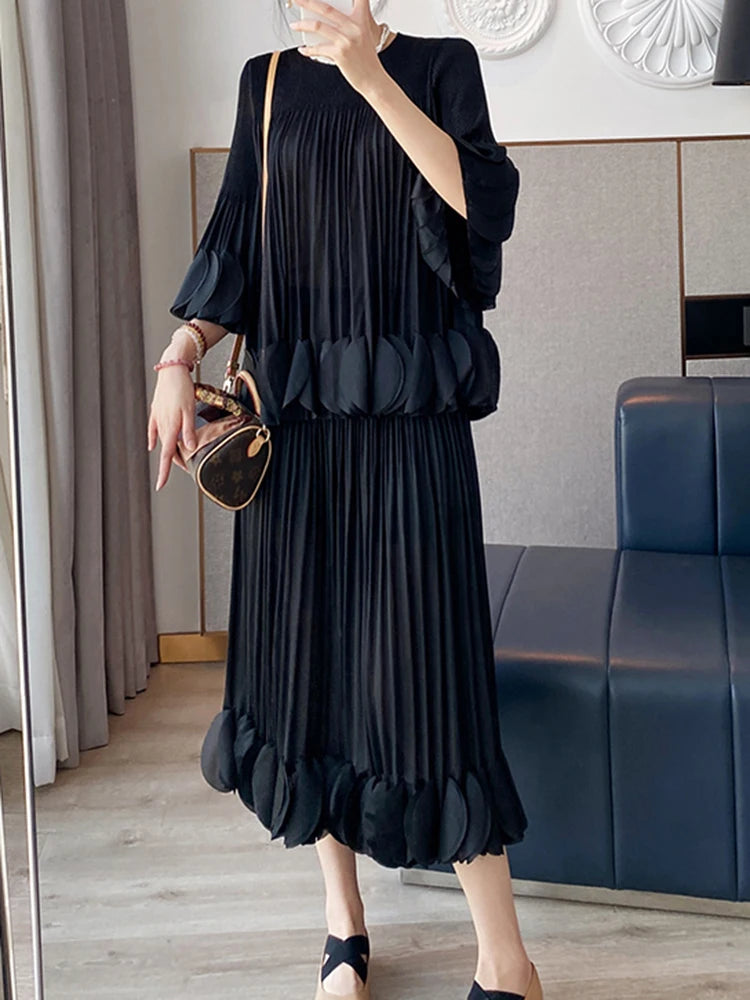 Pleated Two Piece Sets Round Collar Flare Sleeve Elegant Top And A Line Skirt Mssza