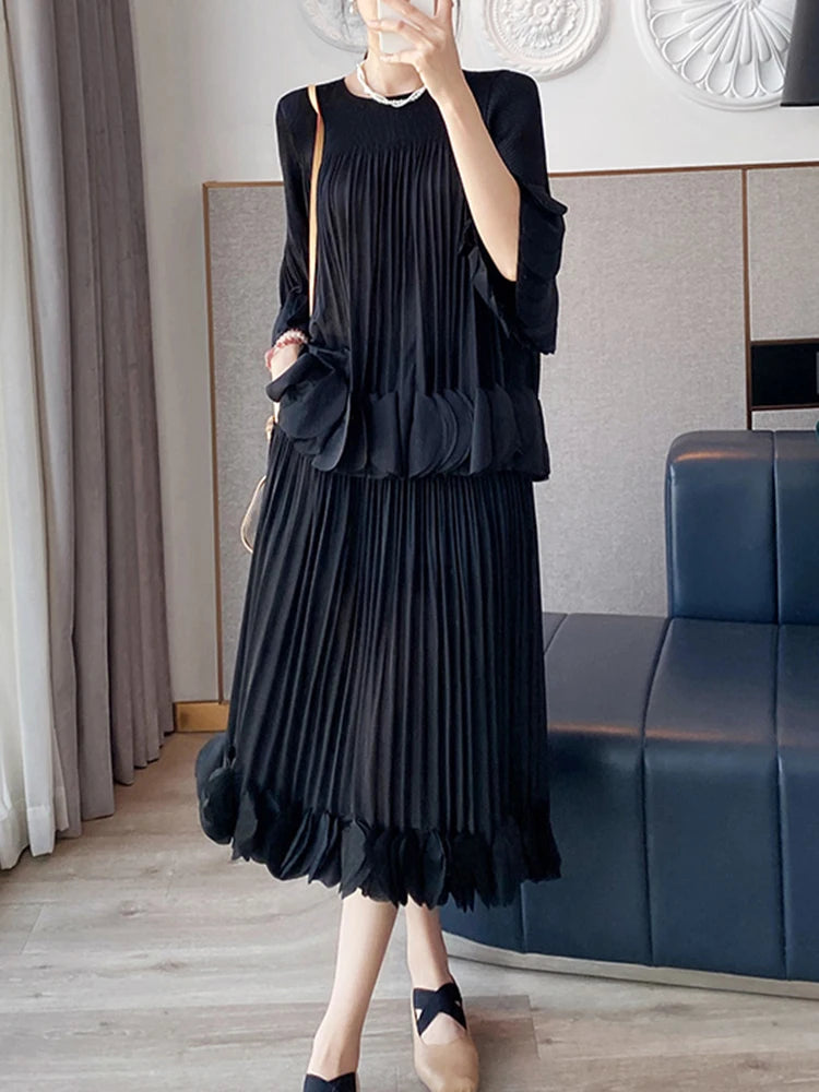 Pleated Two Piece Sets Round Collar Flare Sleeve Elegant Top And A Line Skirt Mssza
