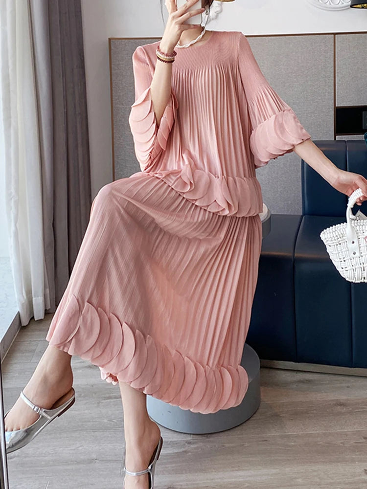 Pleated Two Piece Sets Round Collar Flare Sleeve Elegant Top And A Line Skirt Mssza