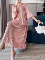 Pleated Two Piece Sets Round Collar Flare Sleeve Elegant Top And A Line Skirt Mssza