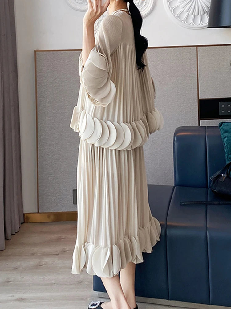 Pleated Two Piece Sets Round Collar Flare Sleeve Elegant Top And A Line Skirt Mssza