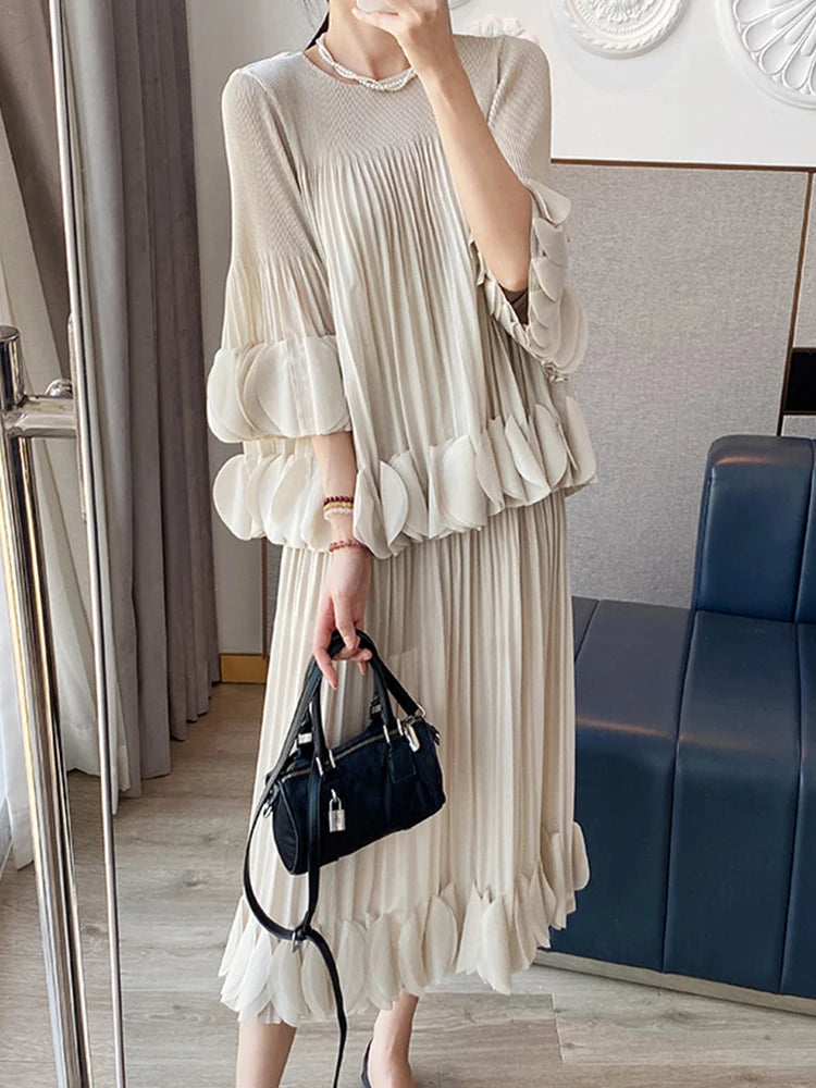 Pleated Two Piece Sets Round Collar Flare Sleeve Elegant Top And A Line Skirt Mssza