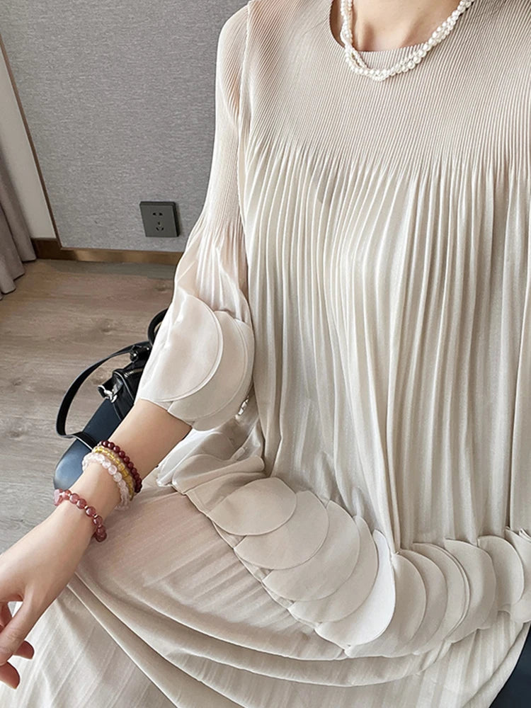 Pleated Two Piece Sets Round Collar Flare Sleeve Elegant Top And A Line Skirt Mssza