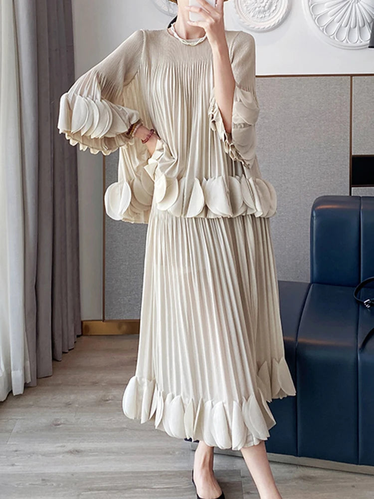 Pleated Two Piece Sets Round Collar Flare Sleeve Elegant Top And A Line Skirt Mssza