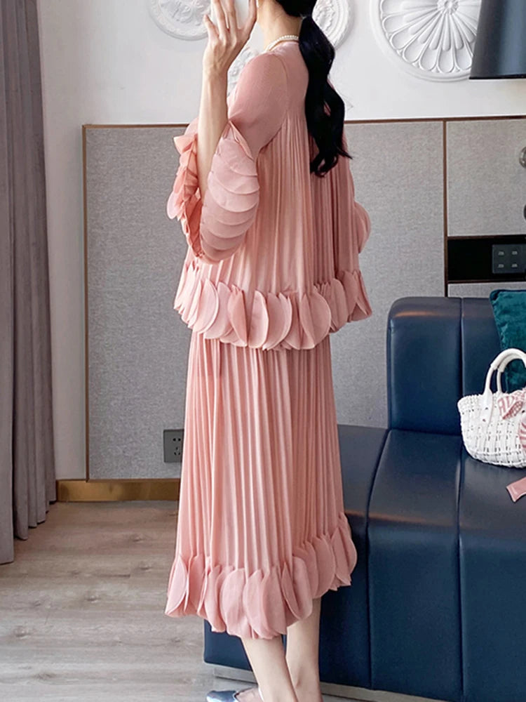 Pleated Two Piece Sets Round Collar Flare Sleeve Elegant Top And A Line Skirt Mssza
