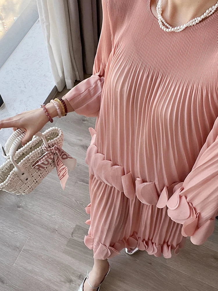 Pleated Two Piece Sets Round Collar Flare Sleeve Elegant Top And A Line Skirt Mssza