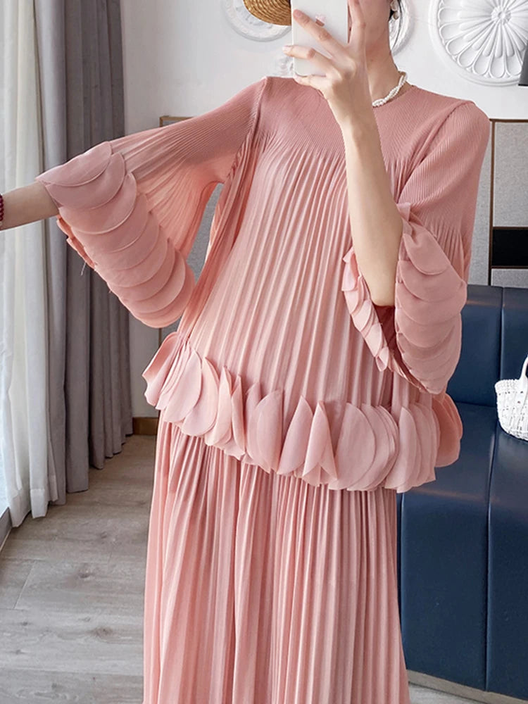 Pleated Two Piece Sets Round Collar Flare Sleeve Elegant Top And A Line Skirt Mssza
