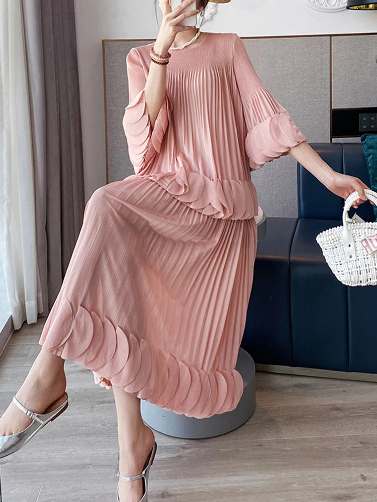 Pleated Two Piece Sets Round Collar Flare Sleeve Elegant Top And A Line Skirt Mssza