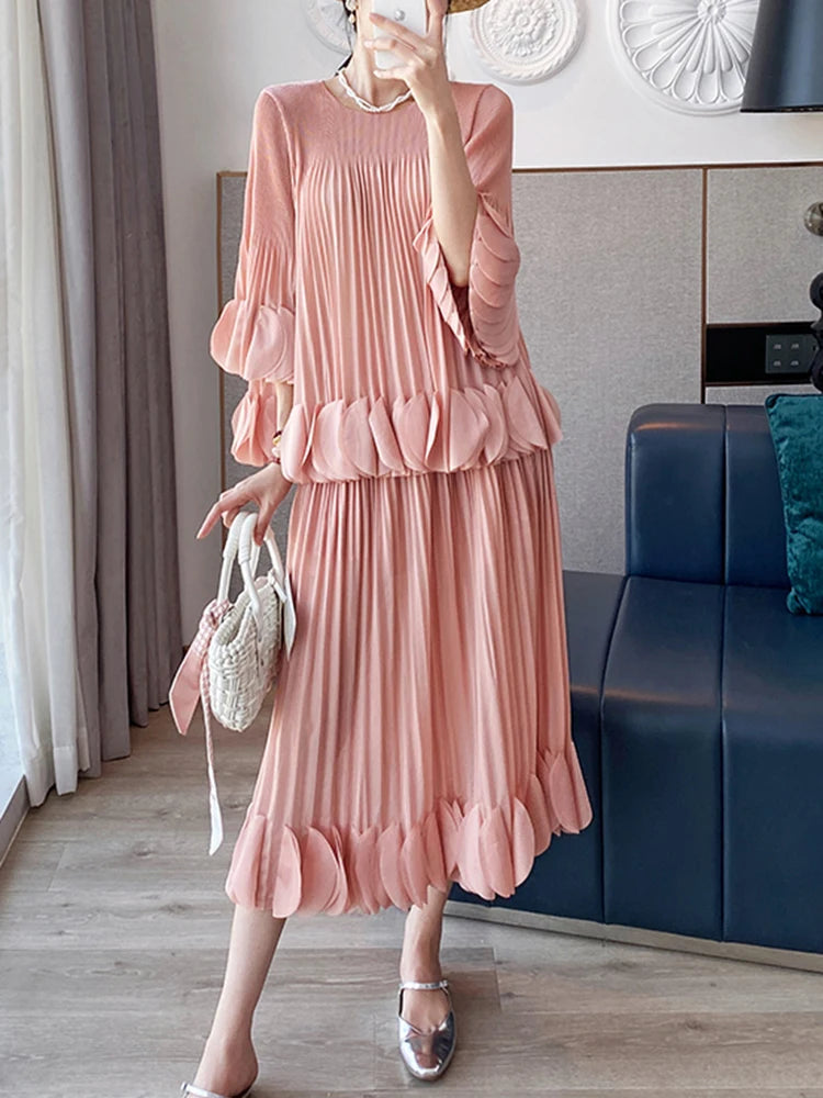 Pleated Two Piece Sets Round Collar Flare Sleeve Elegant Top And A Line Skirt Mssza