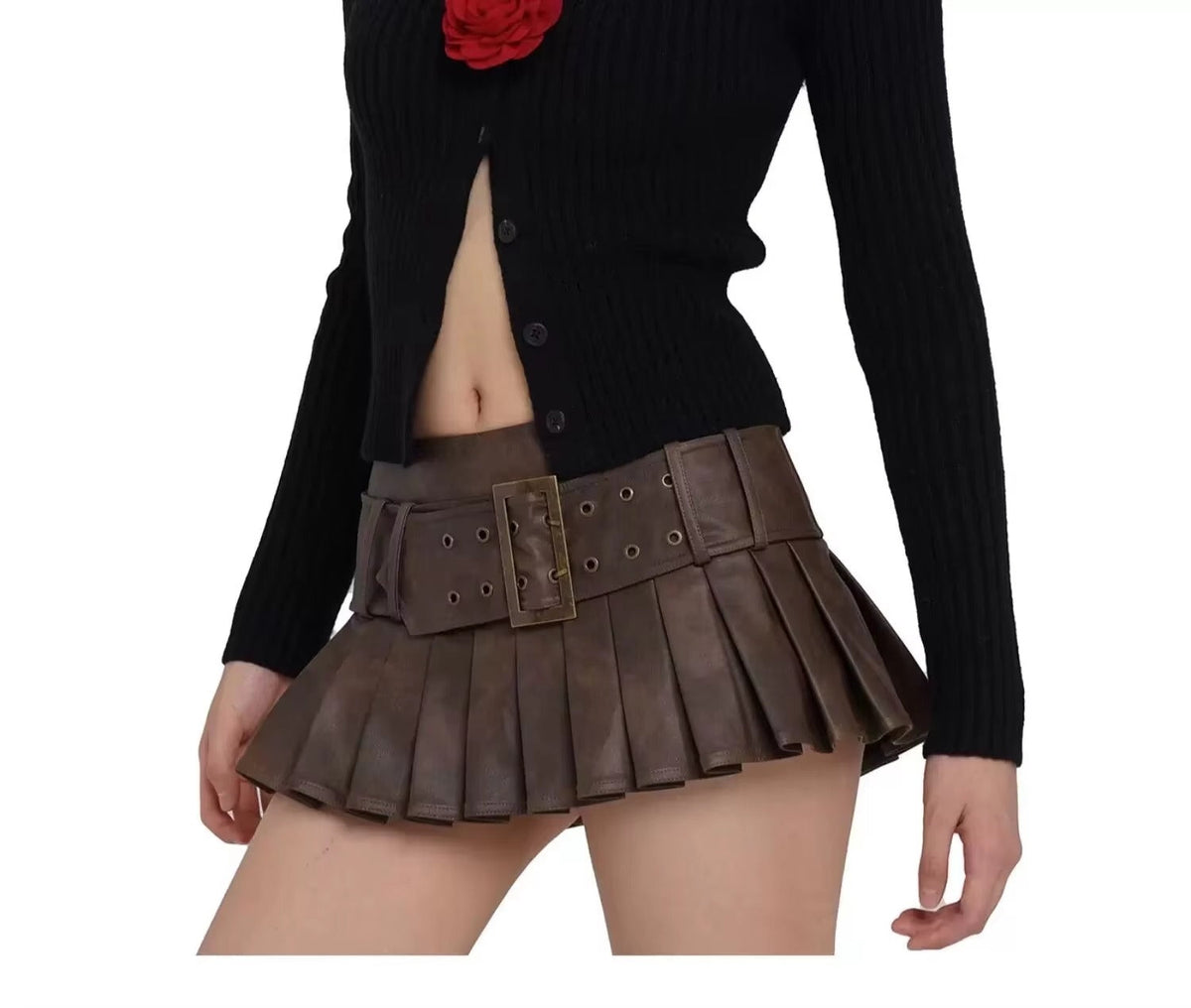 Pleated low waist A-line waist decorative belt retro leather skirt Mssza