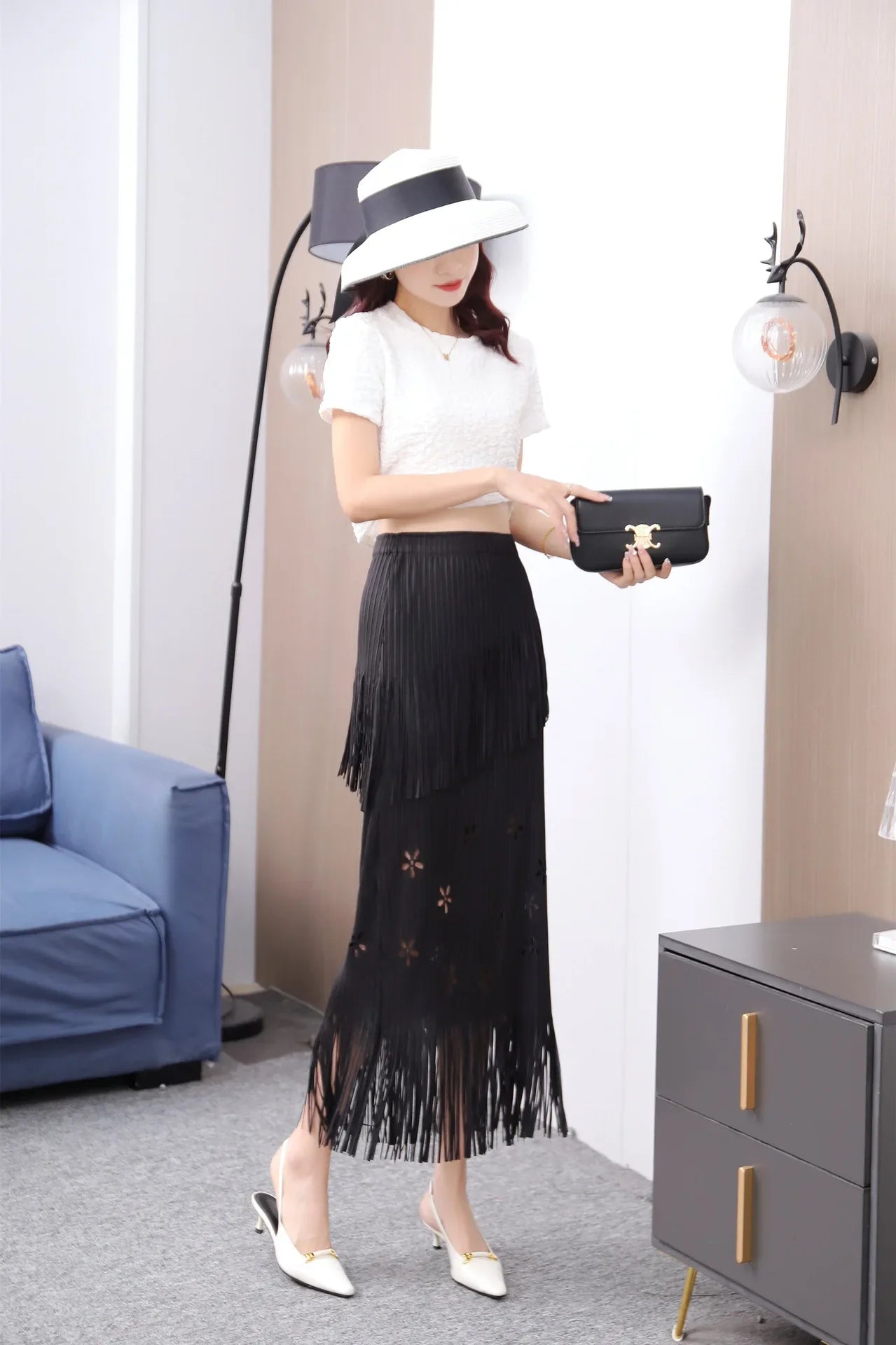 Pleats Half-Body Simple Solid Causal Series Elegant And Vintage Midi skirts Mssza