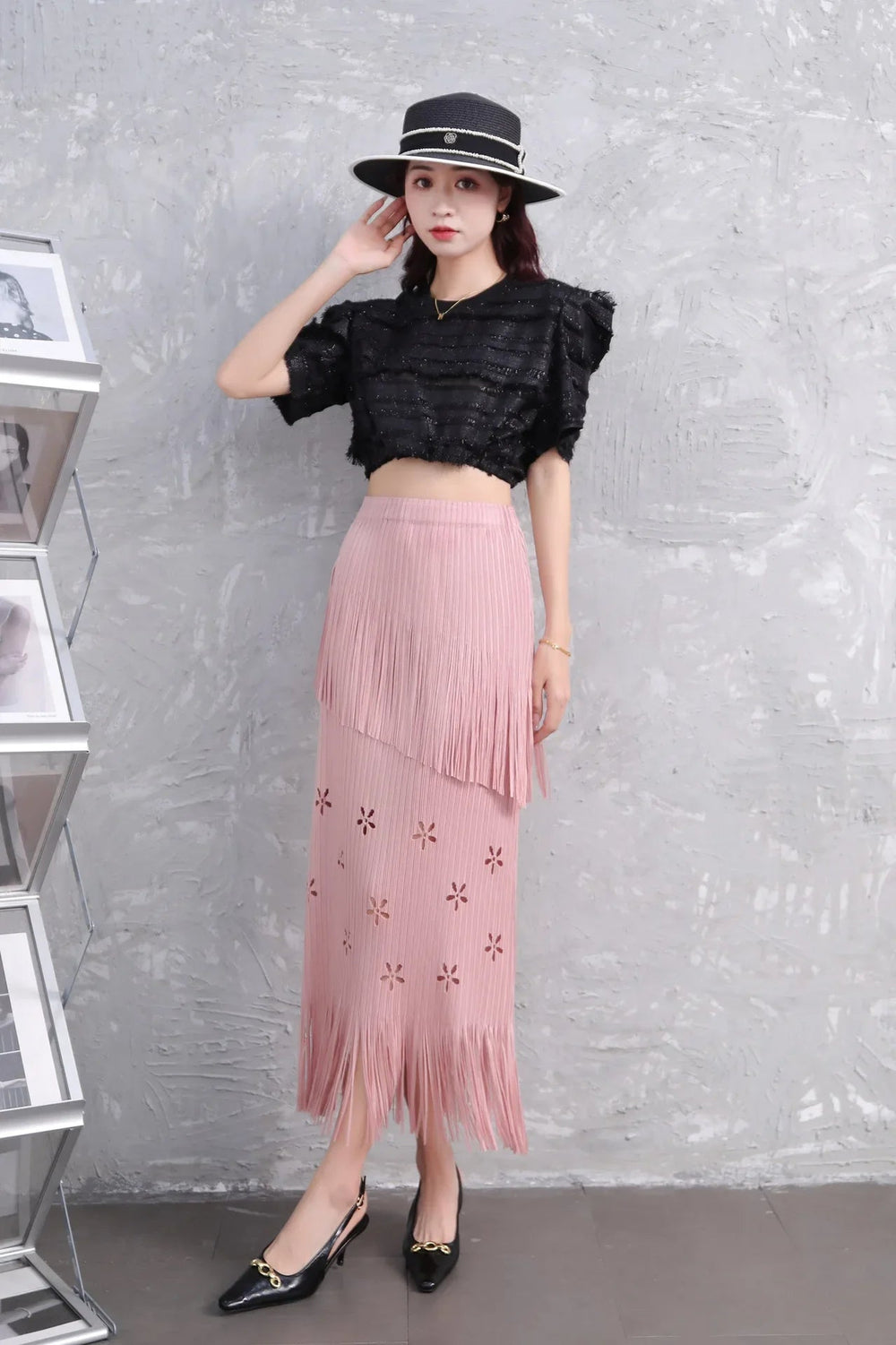 Pleats Half-Body Simple Solid Causal Series Elegant And Vintage Midi skirts Mssza